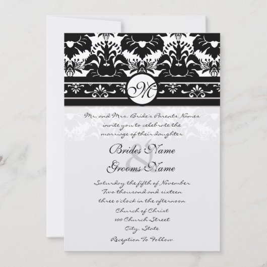 New Sizes Black Damask Swirls Wedding Invitation Kaart (Voorkant)