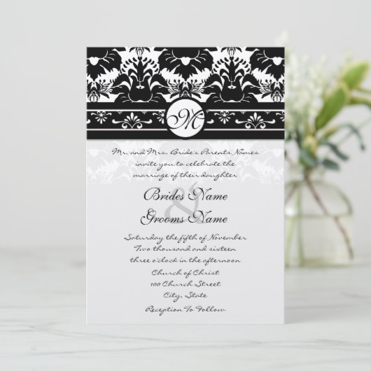 New Sizes Black Damask Swirls Wedding Invitation Kaart (Staand voorkant)
