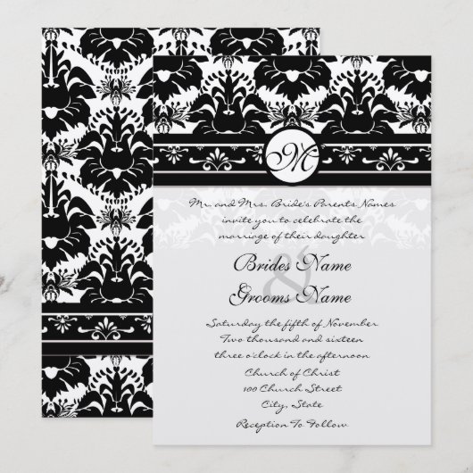 New Sizes Black Damask Swirls Wedding Invitation Kaart (Voorkant / Achterkant)