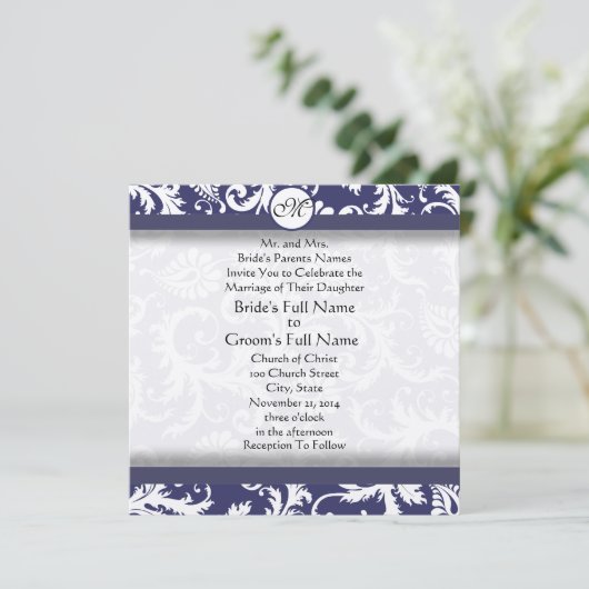 New Sizes Navy Damask Swirls Wedding Invitation Kaart (Staand voorkant)