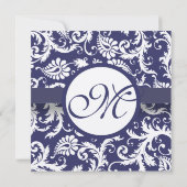 New Sizes Navy Damask Swirls Wedding Invitation Kaart (Achterkant)