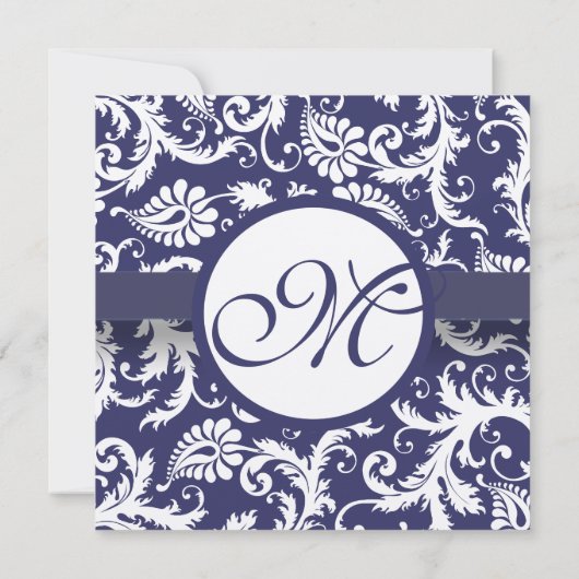 New Sizes Navy Damask Swirls Wedding Invitation Kaart (Achterkant)