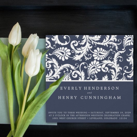 New Sizes Navy Damask Swirls Wedding Invitation Kaart