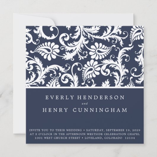 New Sizes Navy Damask Swirls Wedding Invitation Kaart (Voorkant)