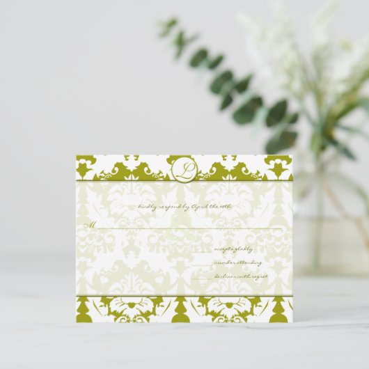 New Sizes Olive Limoen Damask Wedding RSVP Kaartje (Staand voorkant)