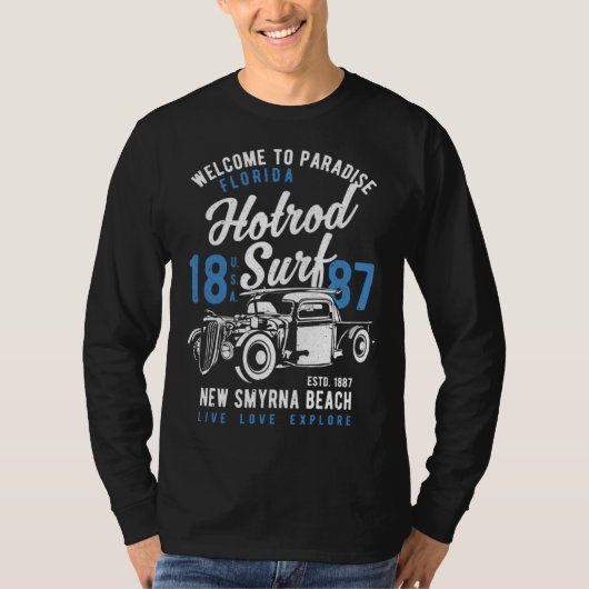 New Smyrna Beach Florida Retro Hotrod Surf Distres T-shirt (Voorkant)