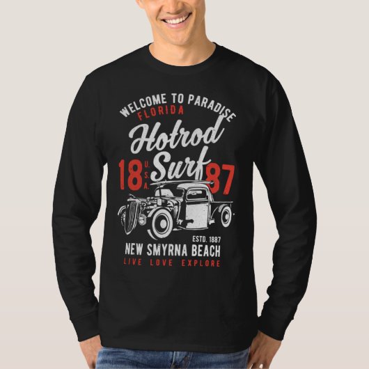 New Smyrna Beach Florida Retro Hotrod Surf Distres T-shirt (Voorkant)