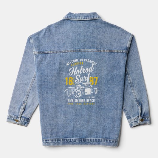New Smyrna Beach Florida Retro Hotrod Surf stoort Denim Jacket (Achterkant)