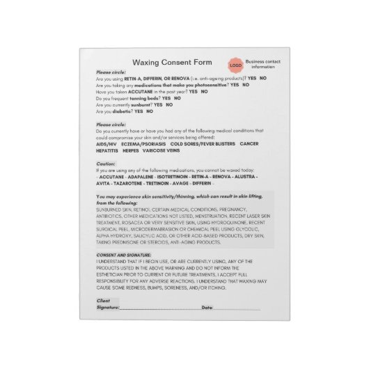 *New* Spa salon waxine toestemmingsformulier lapto Notitieblok (Linkerzijde)