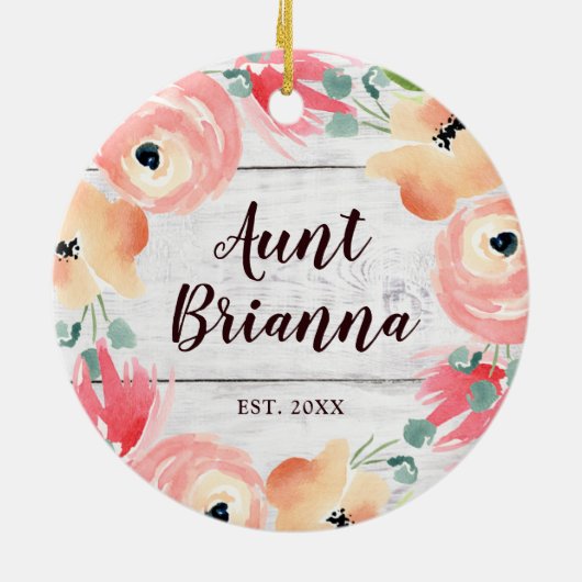 New tante Personalized Waterverf Floral Wreath Keramisch Ornament (Achterkant)