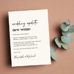 New Venue Cream Wedding Update Aankondiging<br><div class="desc">Minimale moderne lichte crèmewijziging van de locatieaankondiging met een "trouwupdate nieuwe locatie", geschreven in een mix van een hedendaags script en gewaagde trendy typografie (u kunt dit aanpassen aan "nieuwe datum", "kleinere bruiloft", enz.). Pas uw verandering van planbericht aan, voeg uw namen in een handtekeningsachtig manuscript toe en voeg uw...</div>