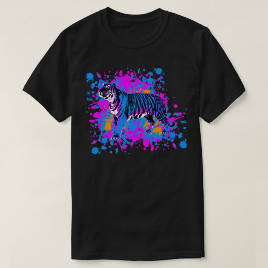 New Wave 80s Retro Blue Tiger Paint Splatter T-shirt (Design voorkant)