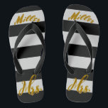 New Wife New Bride Mrs. Personalized Teenslippers<br><div class="desc">Persoonlijke nieuwe vrouw Nieuwe Bride van mevrouw Metallic Gold Foil Tekst op de Sandalen van de Beach van de Zwarte en Witte Stripes</div>