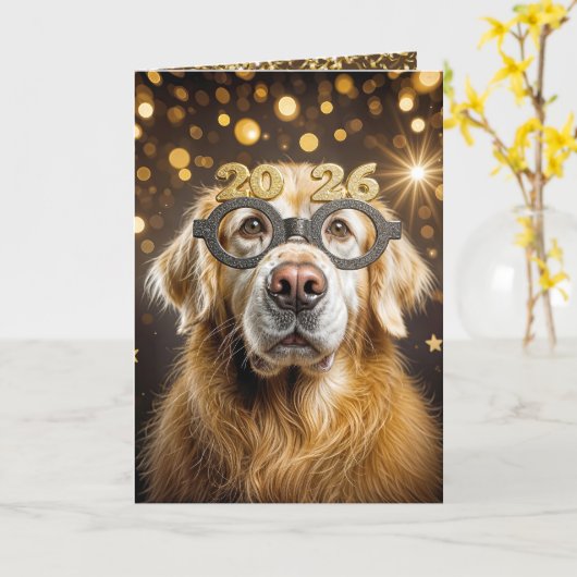 New Year 2026 Golden Retriever Humor Kaart (Gele Bloem)