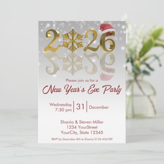 New Year 2026 Golden with Snowflake and Santa Hat Kaart (Staand voorkant)