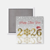 New Year 2026 Golden with Snowflake and Santa Hat Magneet (Voorkant / Achterkant)
