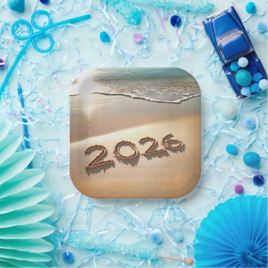 New Year 2026 In Beach Sand Papieren Bordje (Feest)