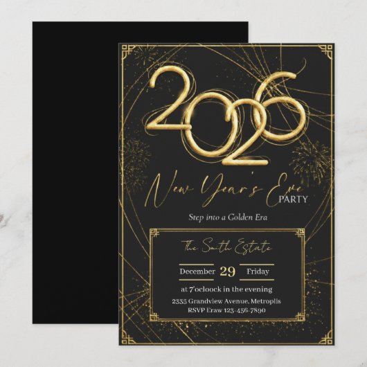 New Year 2026 Party Invitation Printable Kaart (Voorkant / Achterkant)
