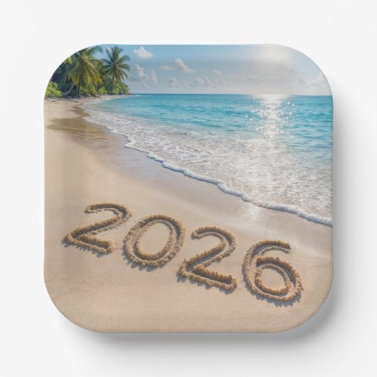New Year 2026 Text On a Tropical Beach Papieren Bordje (Voorkant)