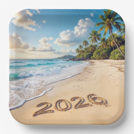 New Year 2026 Tropical Island Beach Scene Papieren Bordje (Voorkant)