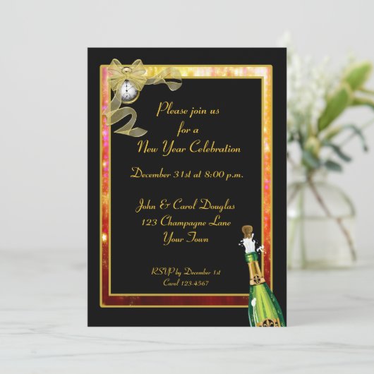 New Year Black Gold Champagne Uitnodiging (Staand voorkant)