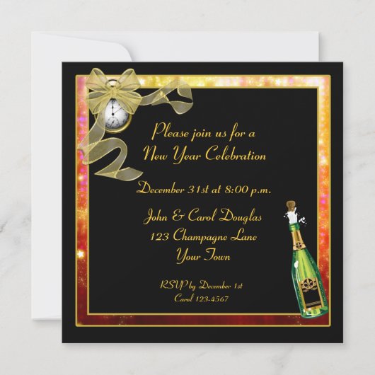 New Year Black Gold Champagne Uitnodiging (Voorkant)