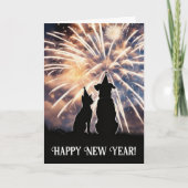 New Year Cat Dog Party Hats Fireworks Wishes  Kaart (Voorkant)