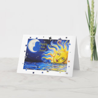 New Year Celestial Sun and Moon Face Card Feestdagen Kaart