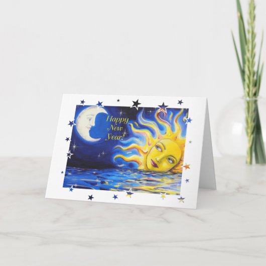 New Year Celestial Sun and Moon Face Card Feestdagen Kaart (Voorkant)