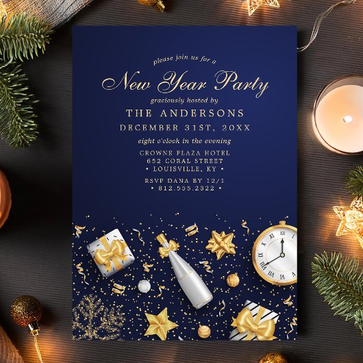 New Year Champagne Confetti Gold Navy Blue Kaart