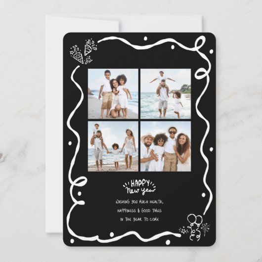 New Year Cheer 5 Photo Black White Hand Drawn Fun Feestdagenkaart (Achterkant)