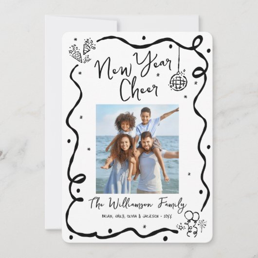 New Year Cheer 5 Photo Black White Hand Drawn Fun Feestdagenkaart (Voorkant)