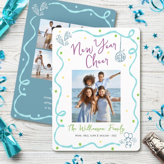 New Year Cheer 5 Photo Turquoise Hand Drawn Sketch Feestdagenkaart