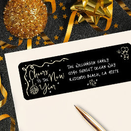 New Year Cheer Black Gold Hand Drawn Art Address Etiket