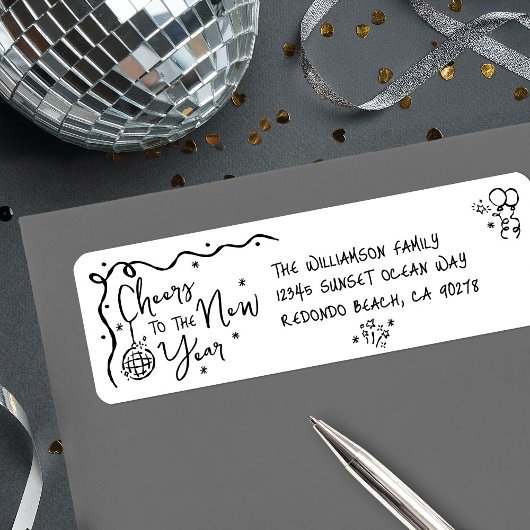 New Year Cheer Black on White Hand Drawn Address Etiket