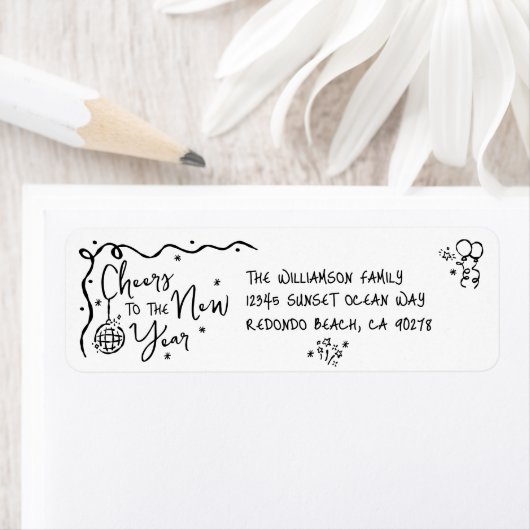 New Year Cheer Black on White Hand Drawn Address Etiket (Insitu)