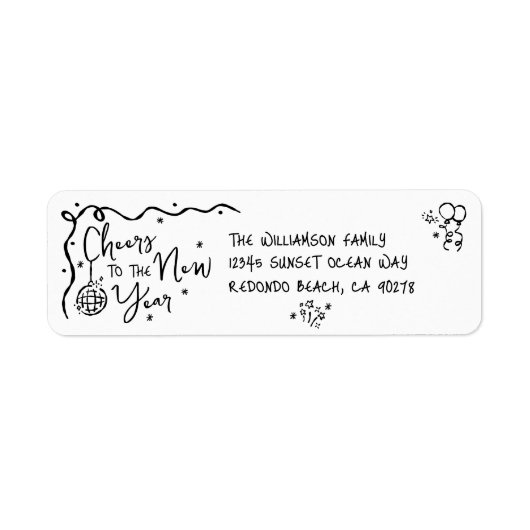 New Year Cheer Black on White Hand Drawn Address Etiket (Voorkant)