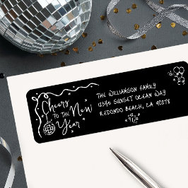 New Year Cheer Black White Hand Drawn Fun Address Etiket