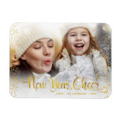 "New Year Cheer" Gold Snowflakes Typografie Foto Magneet (Horizontaal)