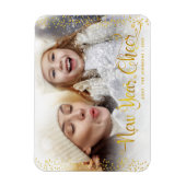 "New Year Cheer" Gold Snowflakes Typografie Foto Magneet (Verticaal)