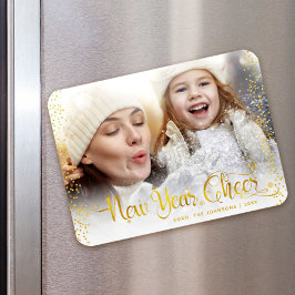 "New Year Cheer" Gold Snowflakes Typografie Foto Magneet