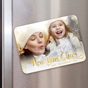 "New Year Cheer" Gold Snowflakes Typografie Foto Magneet