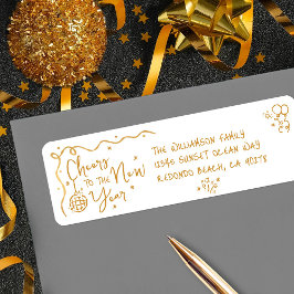 New Year Cheer Gold White Hand Drawn Art Address Etiket