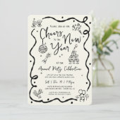 New Year Cheer Hand Drawn Doodle Cream Black Party Kaart (Staand voorkant)