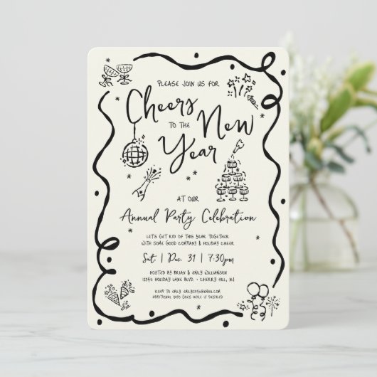 New Year Cheer Hand Drawn Doodle Cream Black Party Kaart (Staand voorkant)