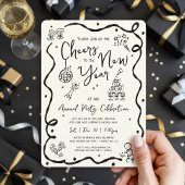 New Year Cheer Hand Drawn Doodle Cream Black Party Kaart
