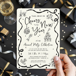 New Year Cheer Hand Drawn Doodle Cream Black Party Kaart