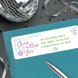 New Year Cheer Teal Purple Green Doodles Address Etiket