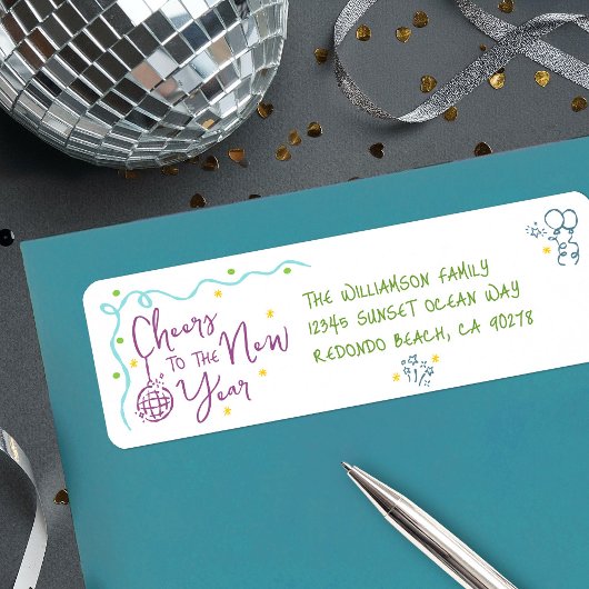 New Year Cheer Teal Purple Green Doodles Address Etiket