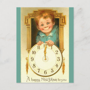 New Year Cute Boy & Gold Clock Image Feestdagenkaart